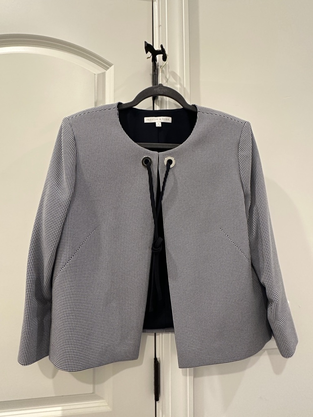 Preston & York Navy and White Collarless Tie-Front Jacket